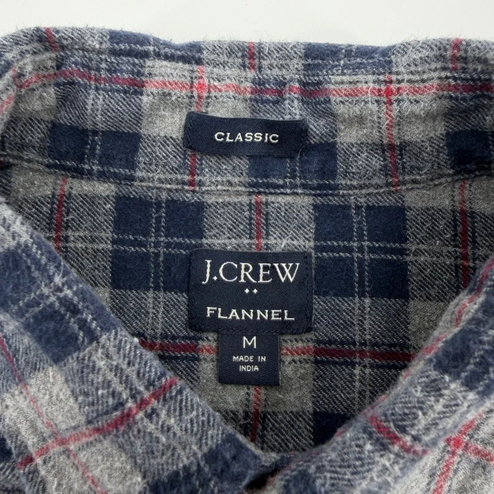 J Crew Classic Flannel Plaid Button Down Shirt Mens Medium‎ Blue Gray Red
